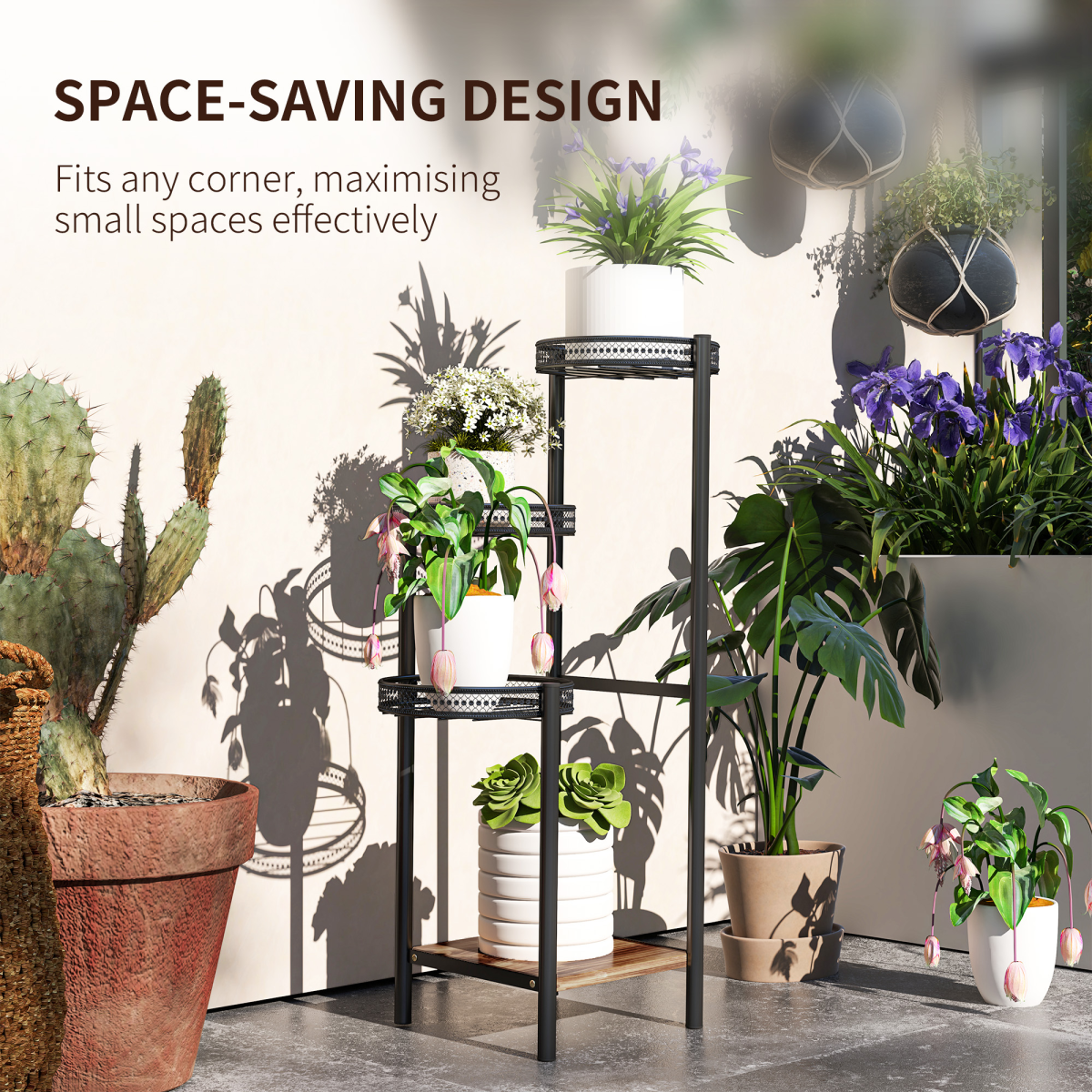 Outsunny 4-Tier Plant Pot Stand, Metal and Fir Wood Plant Shelf, Black