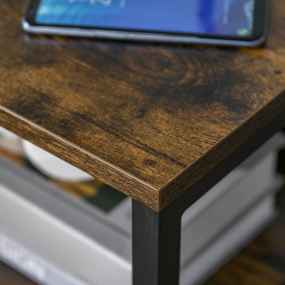 HOMCOM Rustic Brown End Table with 2 Drawers, Shelf and Metal Frame