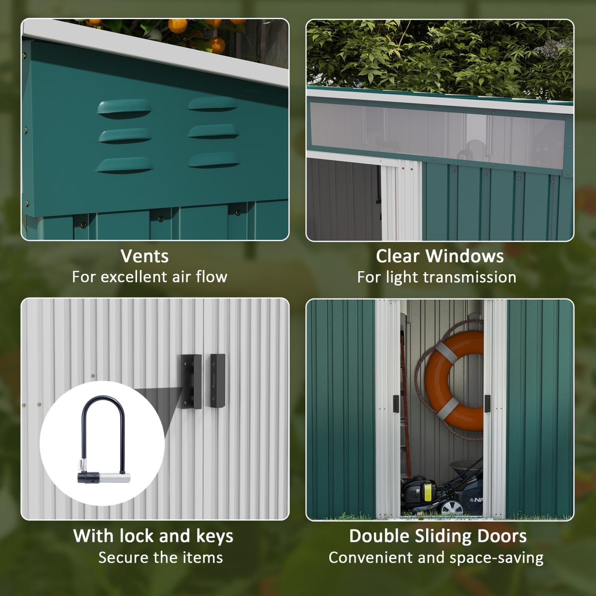Outsunny 6.5x4FT Green Galvanized Steel Garden Shed with Foundation, Lockable Sliding Doors and Windows