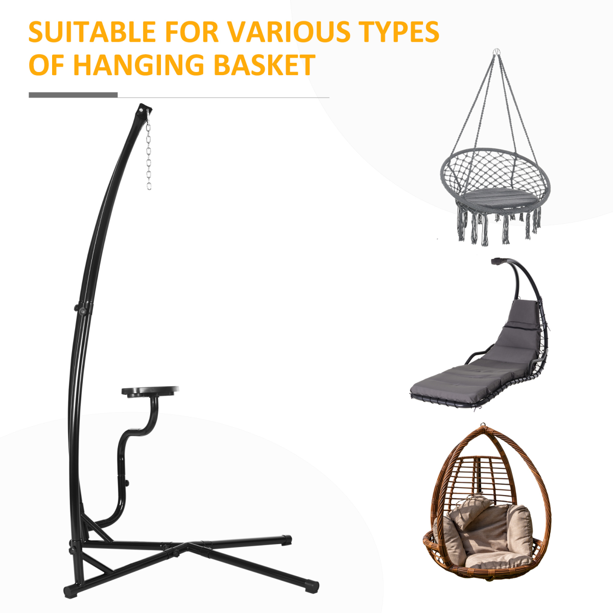 Outsunny Hammock Chair Stand with Side Table, Heavy Duty Metal C-Stand for Indoor or Outdoor Use