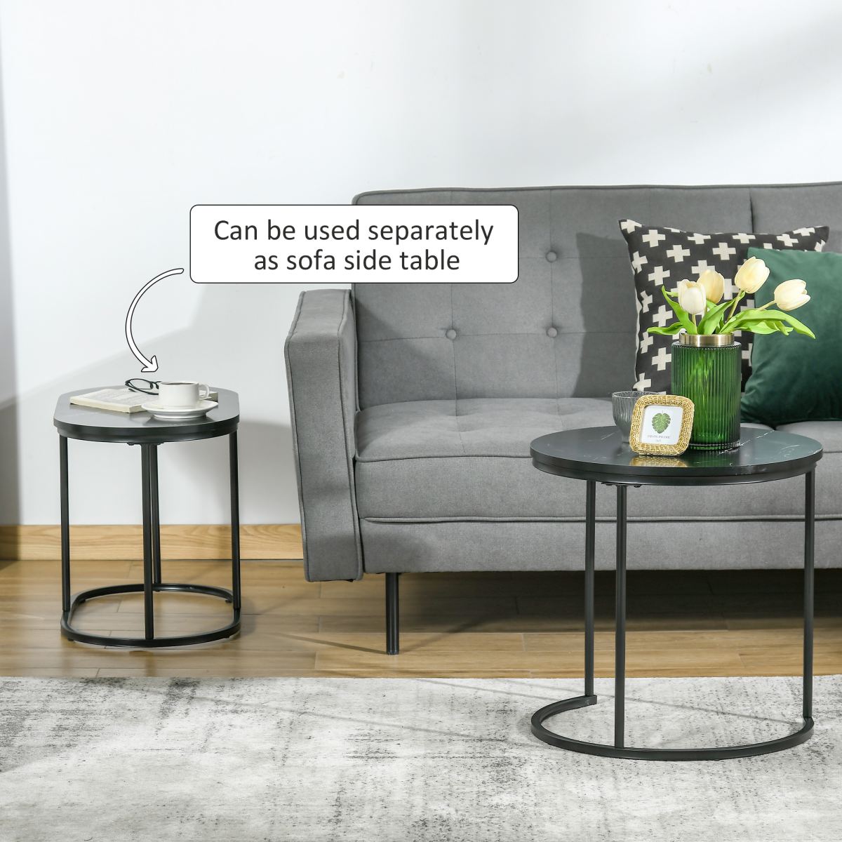 HOMCOM 2-Piece Faux Marble Round & Oval Side Tables, Black