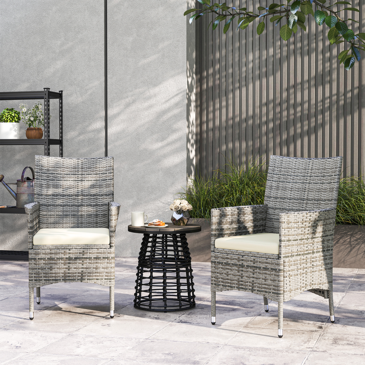 Outsunny Set of 2 Rattan Garden Armchairs with Cushions, Mixed Grey