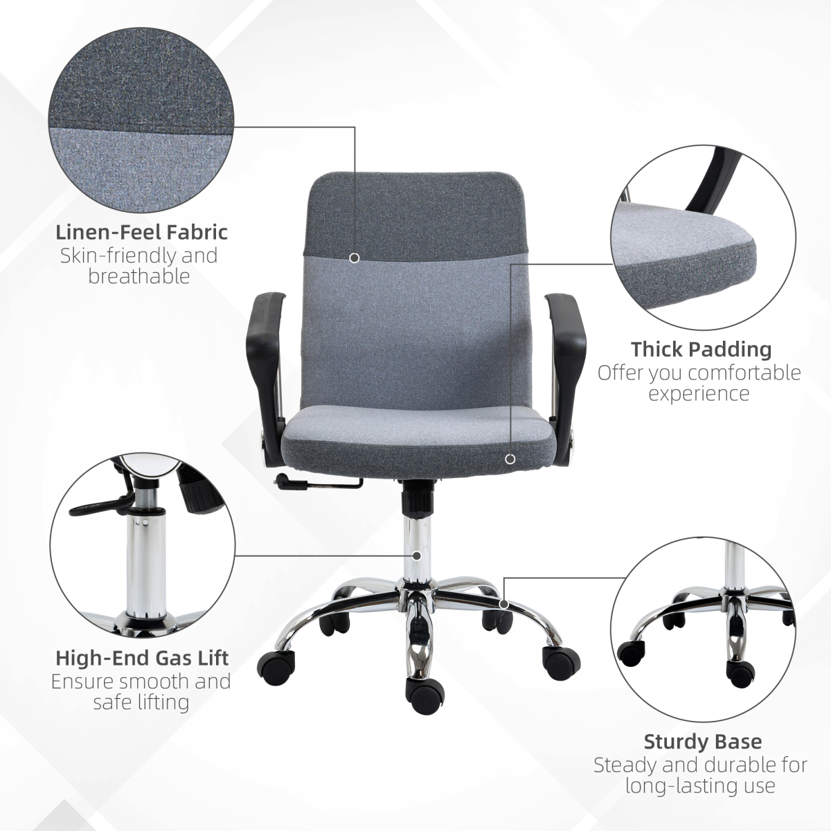Grey Linen-Effect Swivel Office Chair with Wheels and Rocking Function
