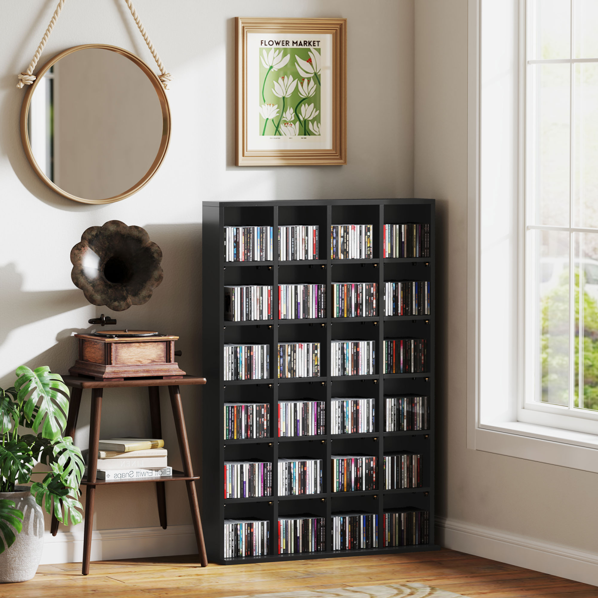 HOMCOM 24-Cube DVD CD Media Storage Rack with Adjustable Shelves, Black