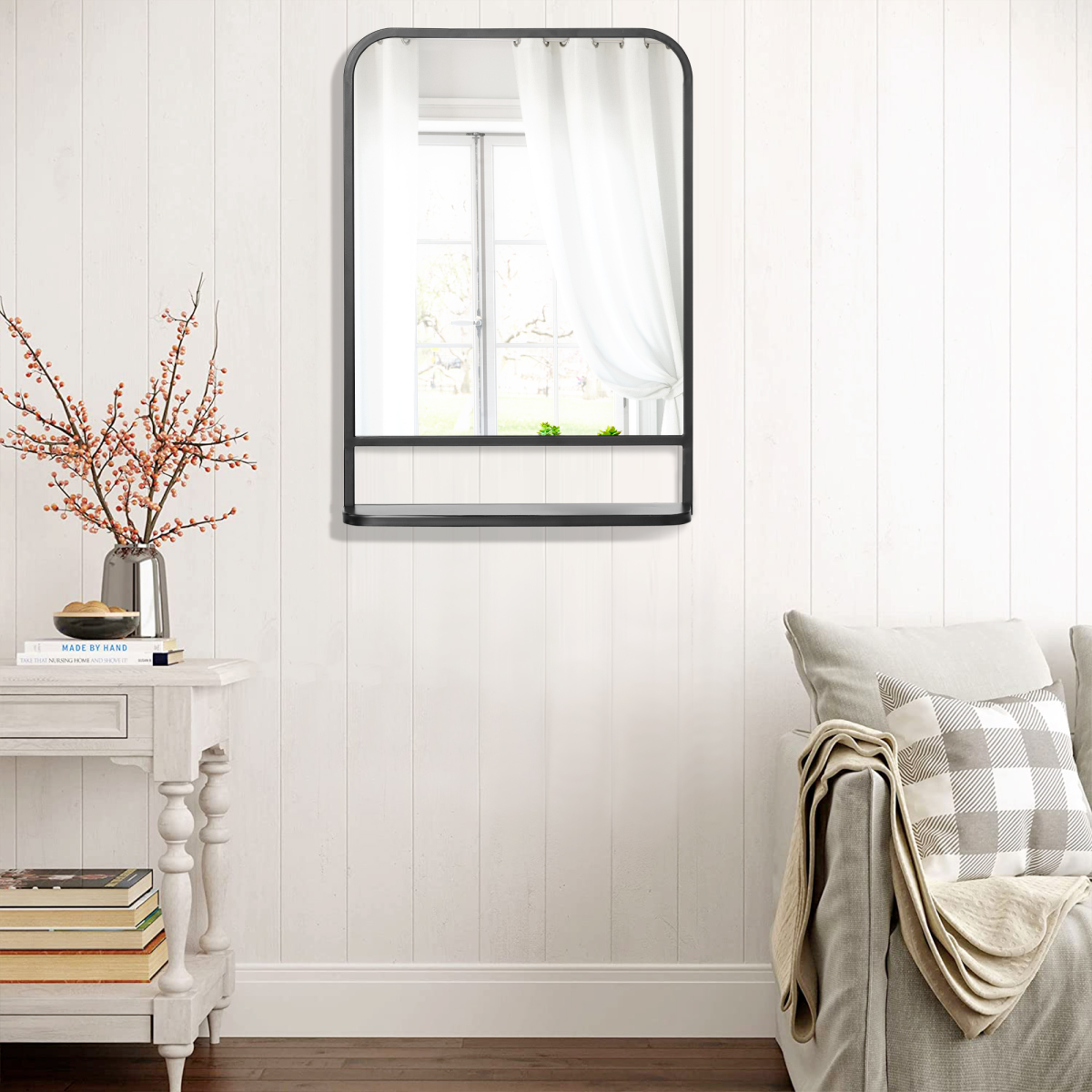 Square Wall Mirror with Shelf, 70x50 cm, Black Metal Frame