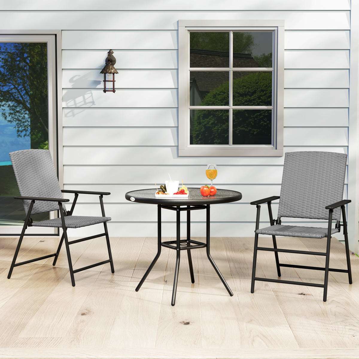 Outsunny 2-Piece Foldable Rattan Garden Chairs with Armrests, Grey