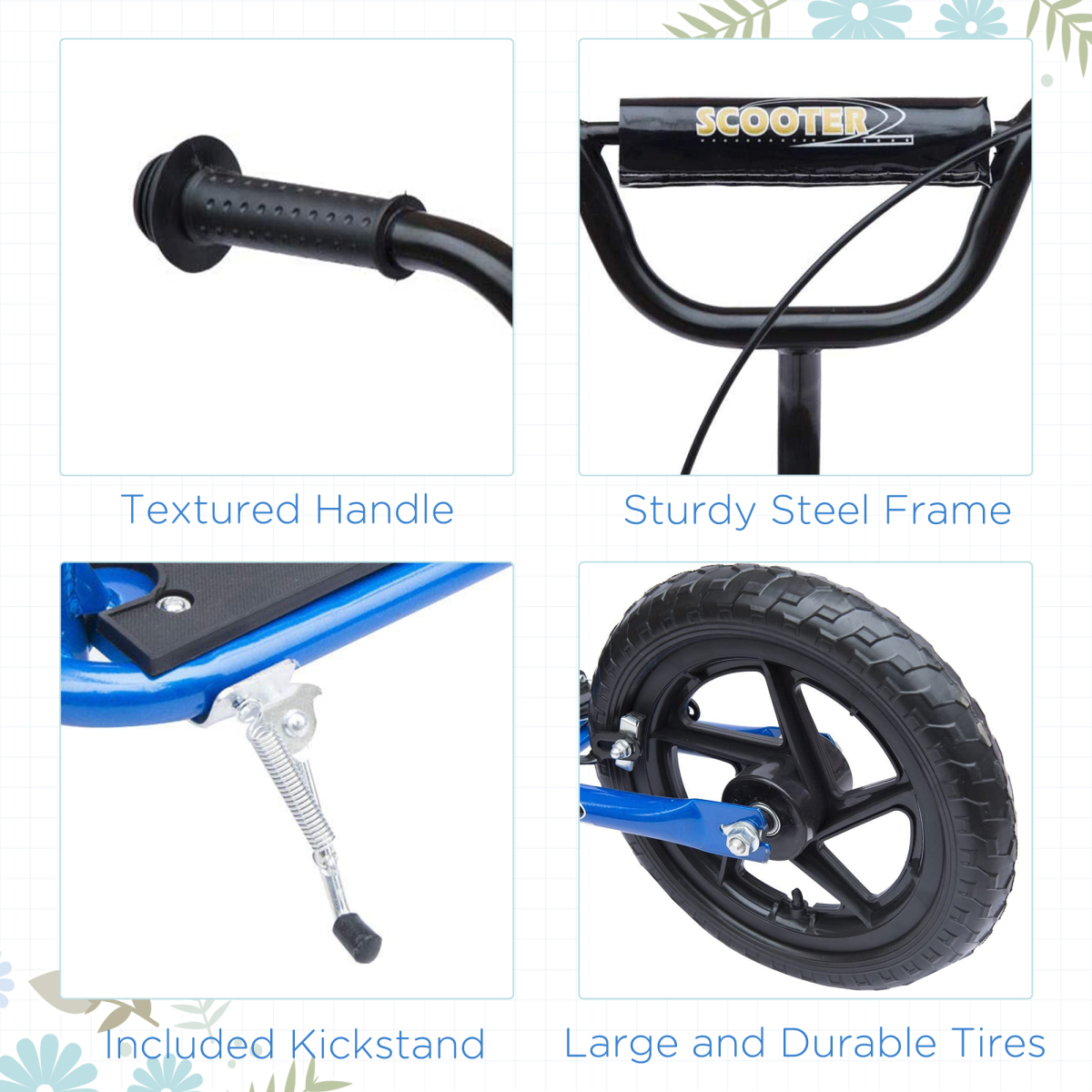 Blue Kids Adjustable Scooter with 12in Foam Wheels, Steel Frame