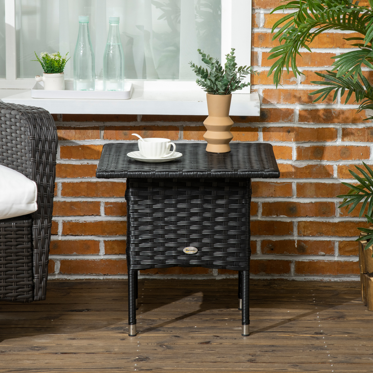 Outsunny PE Rattan Outdoor Side Table, Steel Frame, Black
