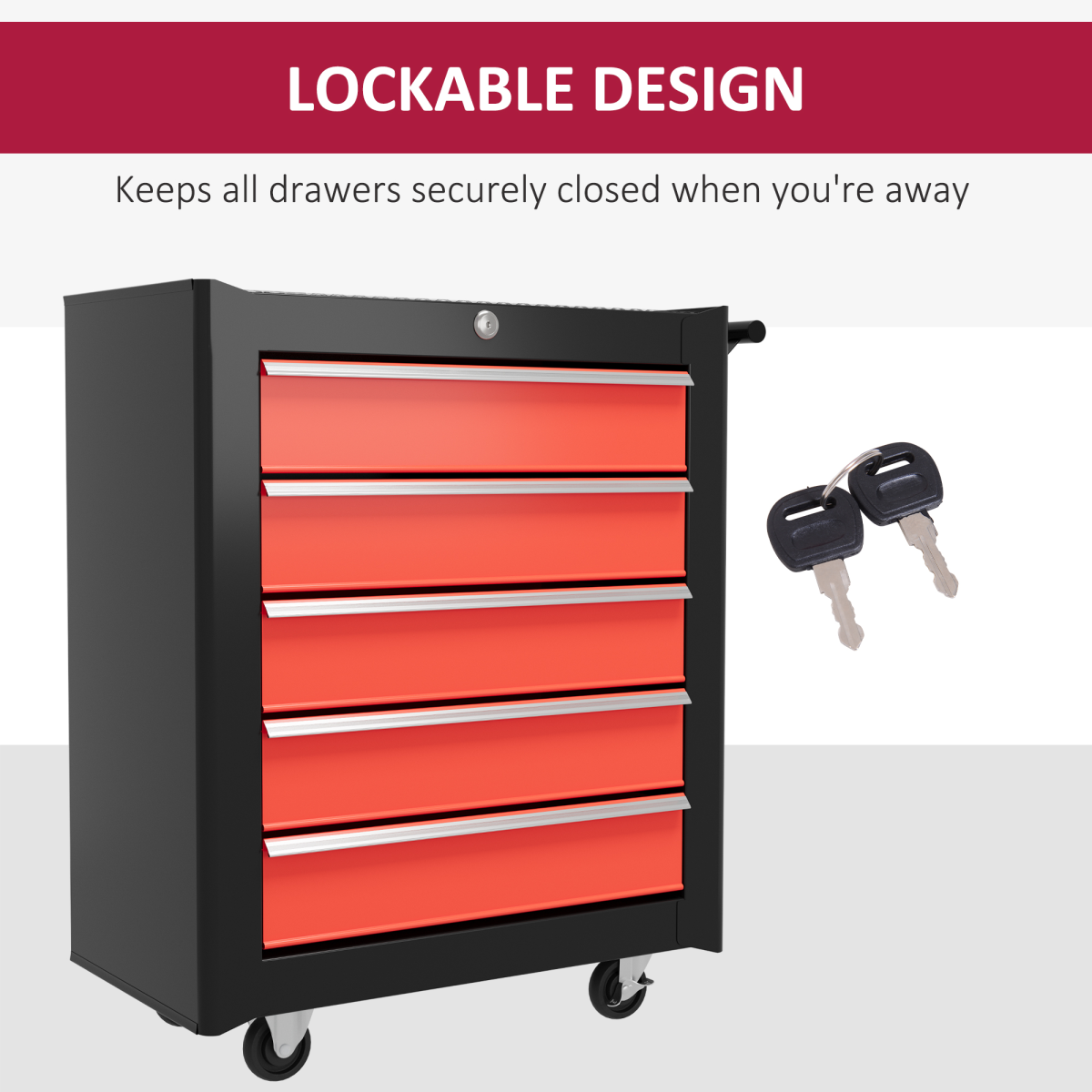 HOMCOM 5-Drawer Lockable Steel Tool Chest with Wheels, Red