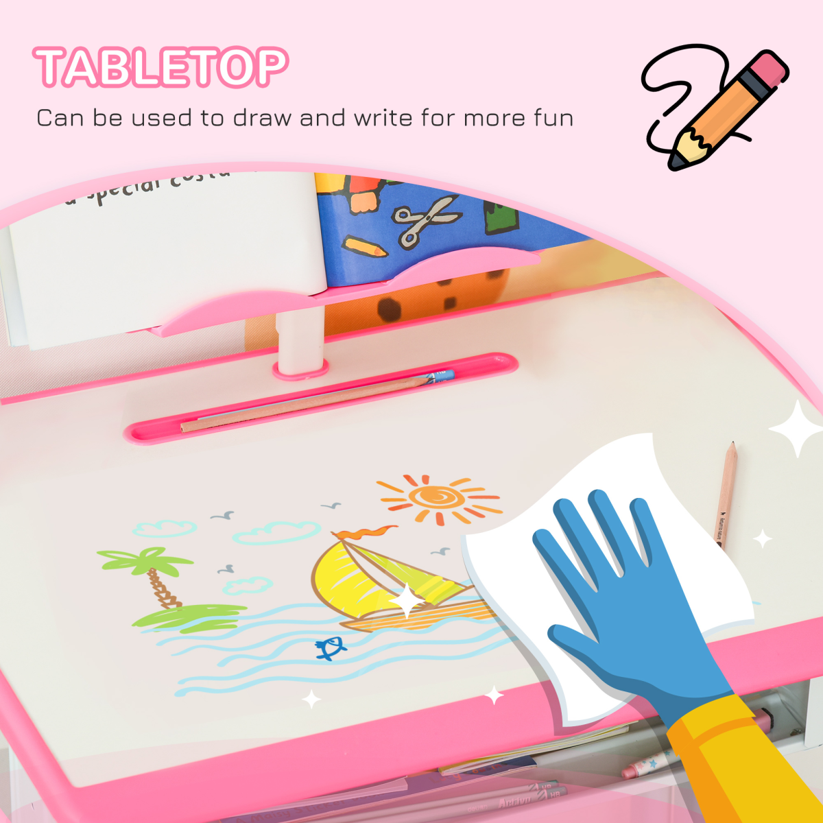 Kids Desk and Chair Set w/ Drawer, Book Stand, Cup Holder, Pen Slot, Pink