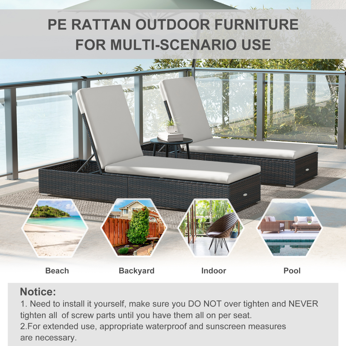 Outsunny Set of 2 Rattan Sun Loungers with Adjustable Back, Brown
