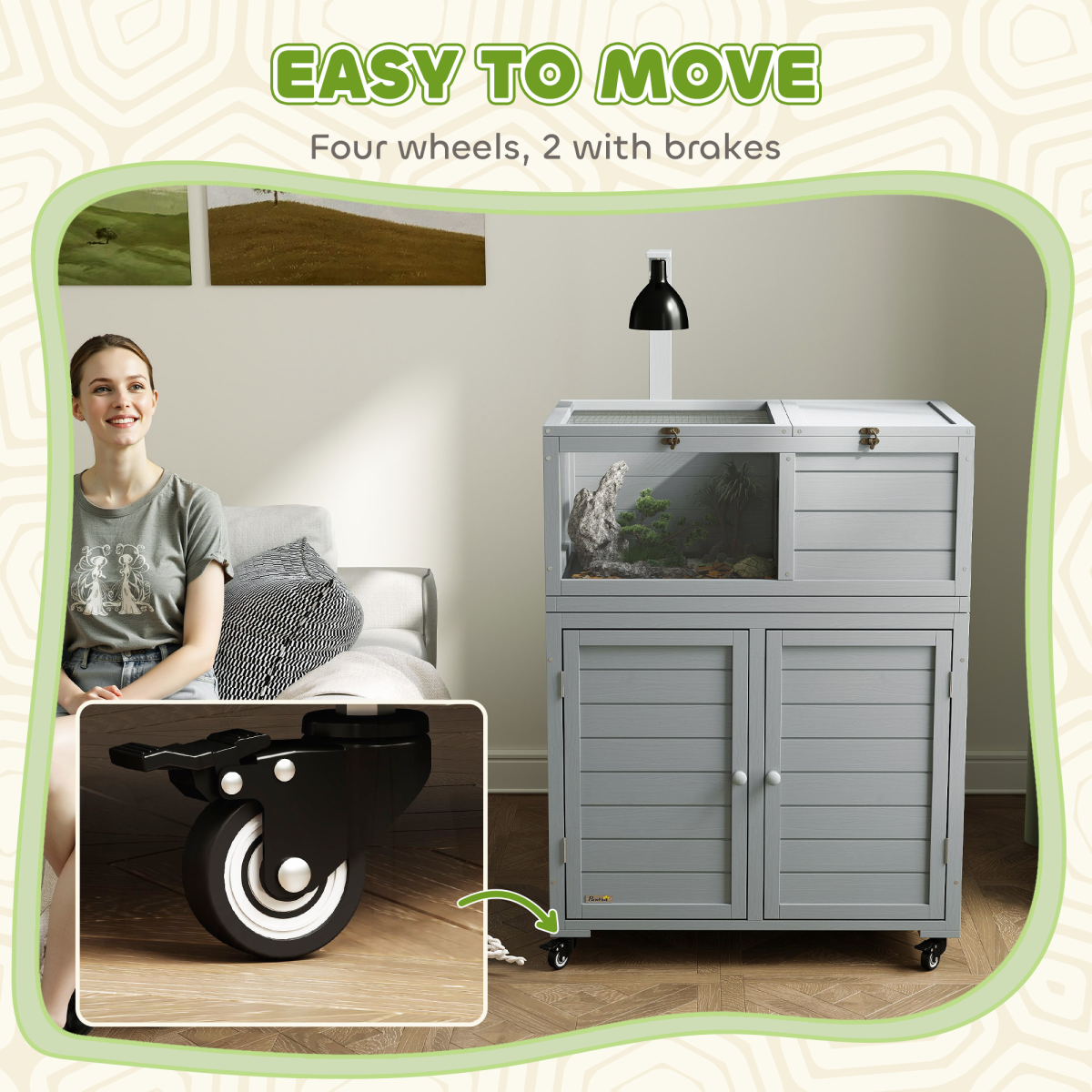 PawHut Tortoise House with Storage Cabinet, Openable Top & Lamp Holder