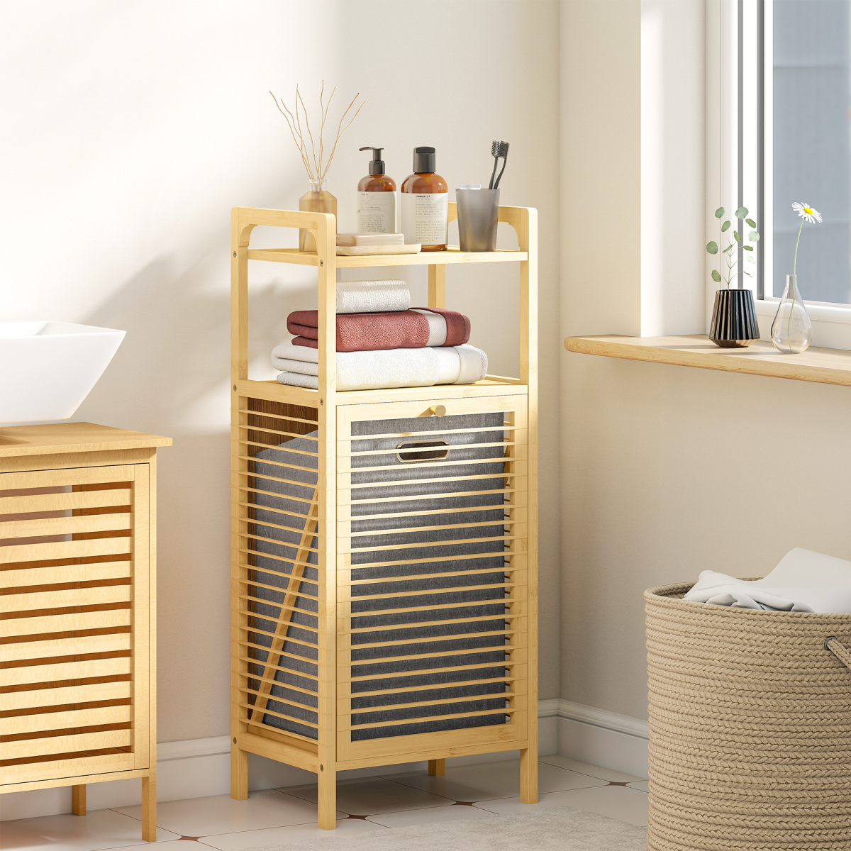 HOMCOM Bamboo Laundry Hamper Cabinet with Removable 37L Basket