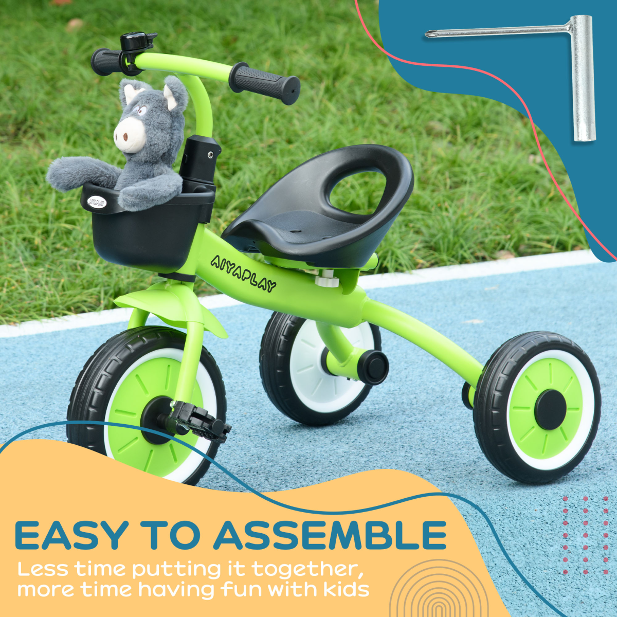 AIYAPLAY Adjustable Seat Kids Tricycle with Basket, Green, 2-5 Years