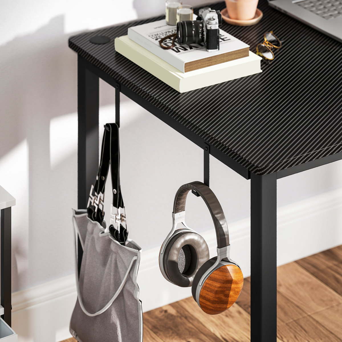 HOMCOM L-Shaped Corner Computer Desk with Fabric Bag & Hooks, Black