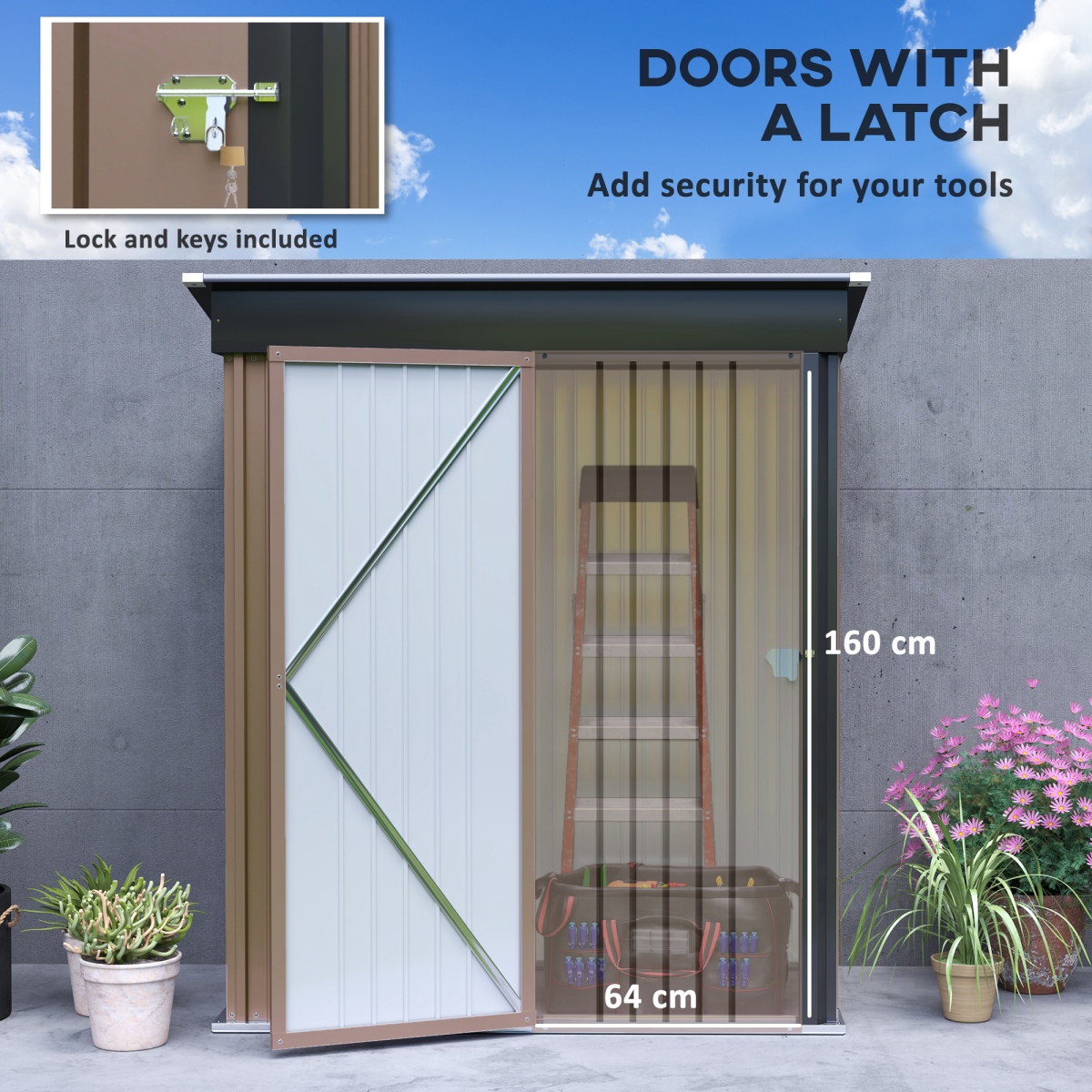 Outsunny Lean-to Steel Garden Shed, 5x3 ft, Bike Storage, Brown