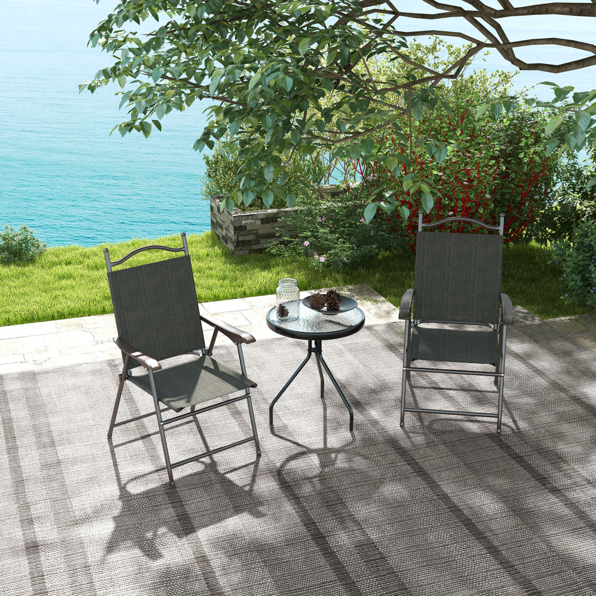 Outsunny Set of 2 Folding Chairs with Armrests and Breathable Mesh Seats