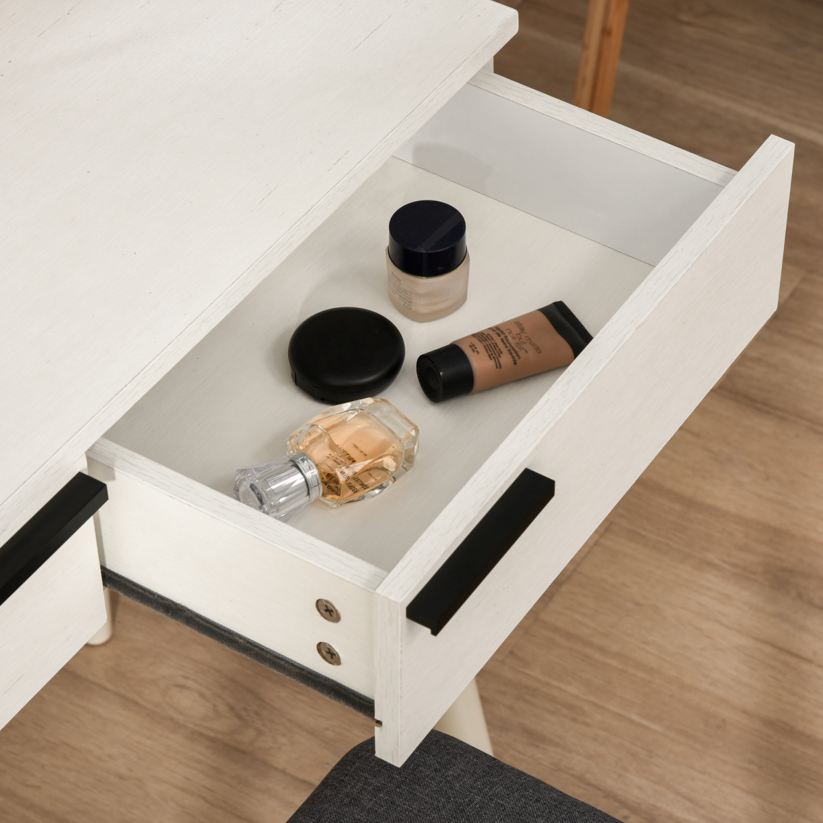HOMCOM White Dressing Table Vanity Set with Round Mirror, Cushioned Stool, 2 Drawers