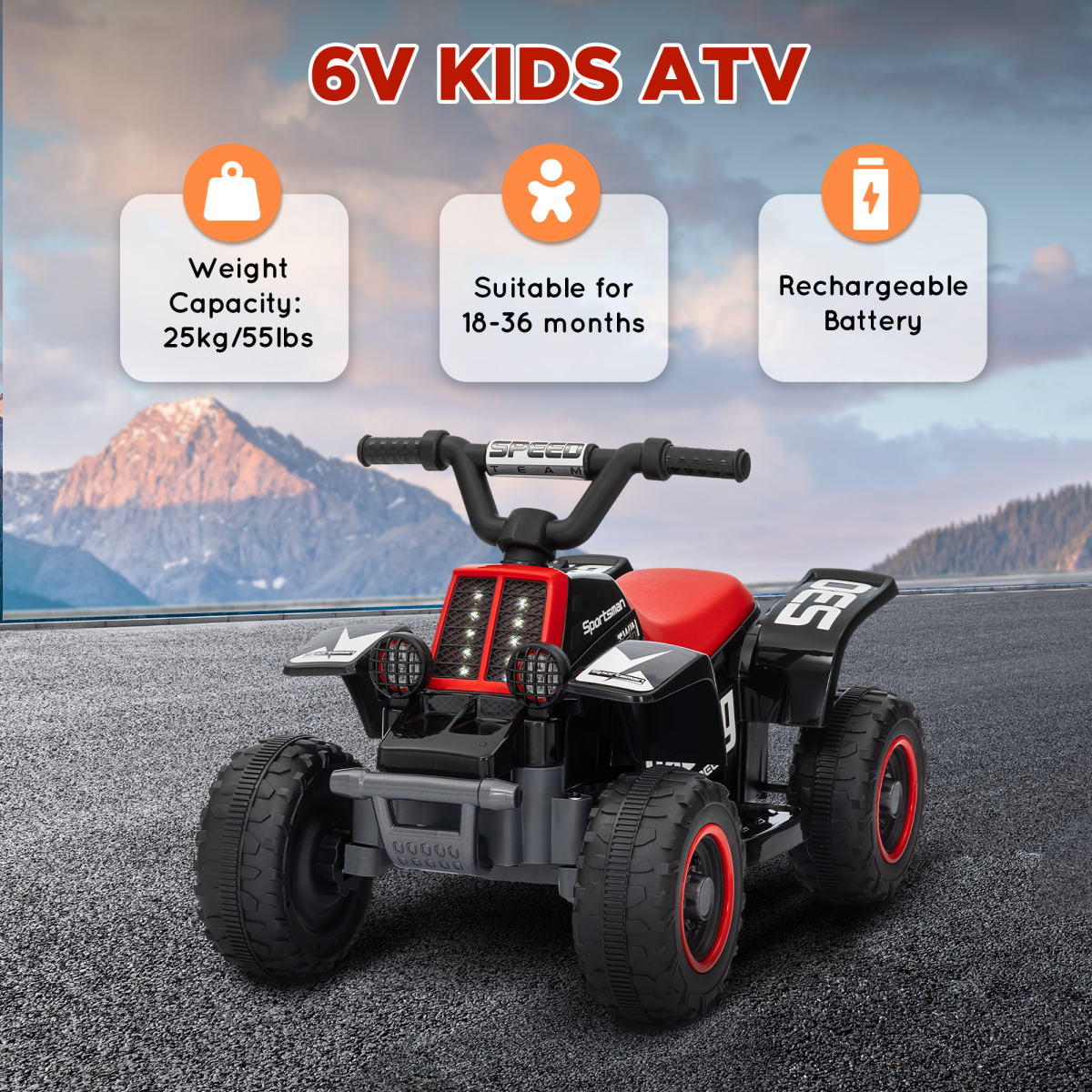 AIYAPLAY 6V Kids Electric Quad Bike, Forward/Backward, Black/Red