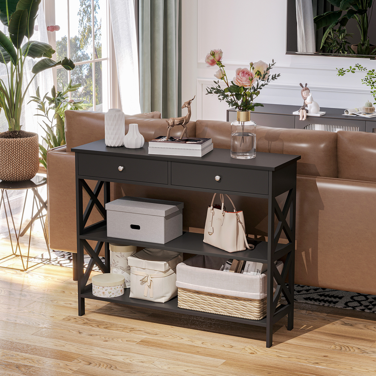 Black Console Table with 2 Drawers and Shelves, Flat Top