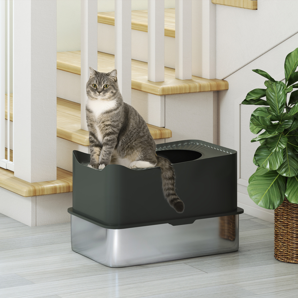 PawHut Stainless Steel Enclosed Cat Litter Box with Scoop, Dark Grey