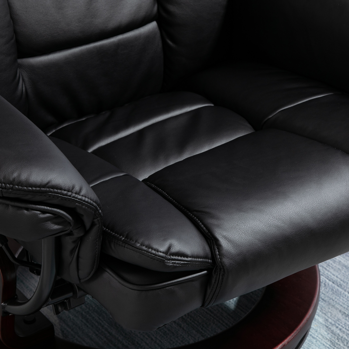 Swivel Manual Recliner and Footrest Set, PU Lounge Chair with Wooden Base, Black
