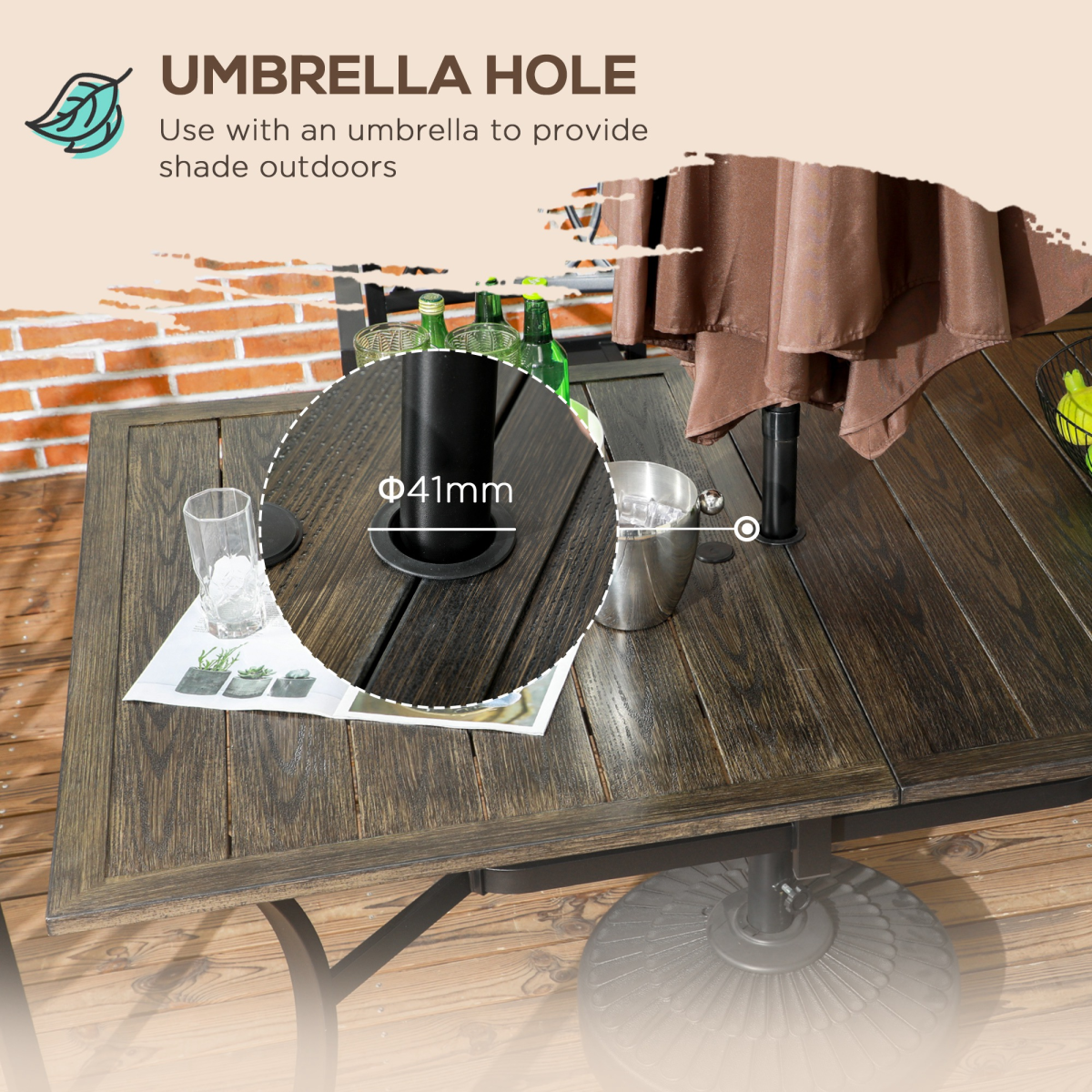Outsunny 6-Person Garden Table with Parasol Hole, Brown, 150x96x73cm