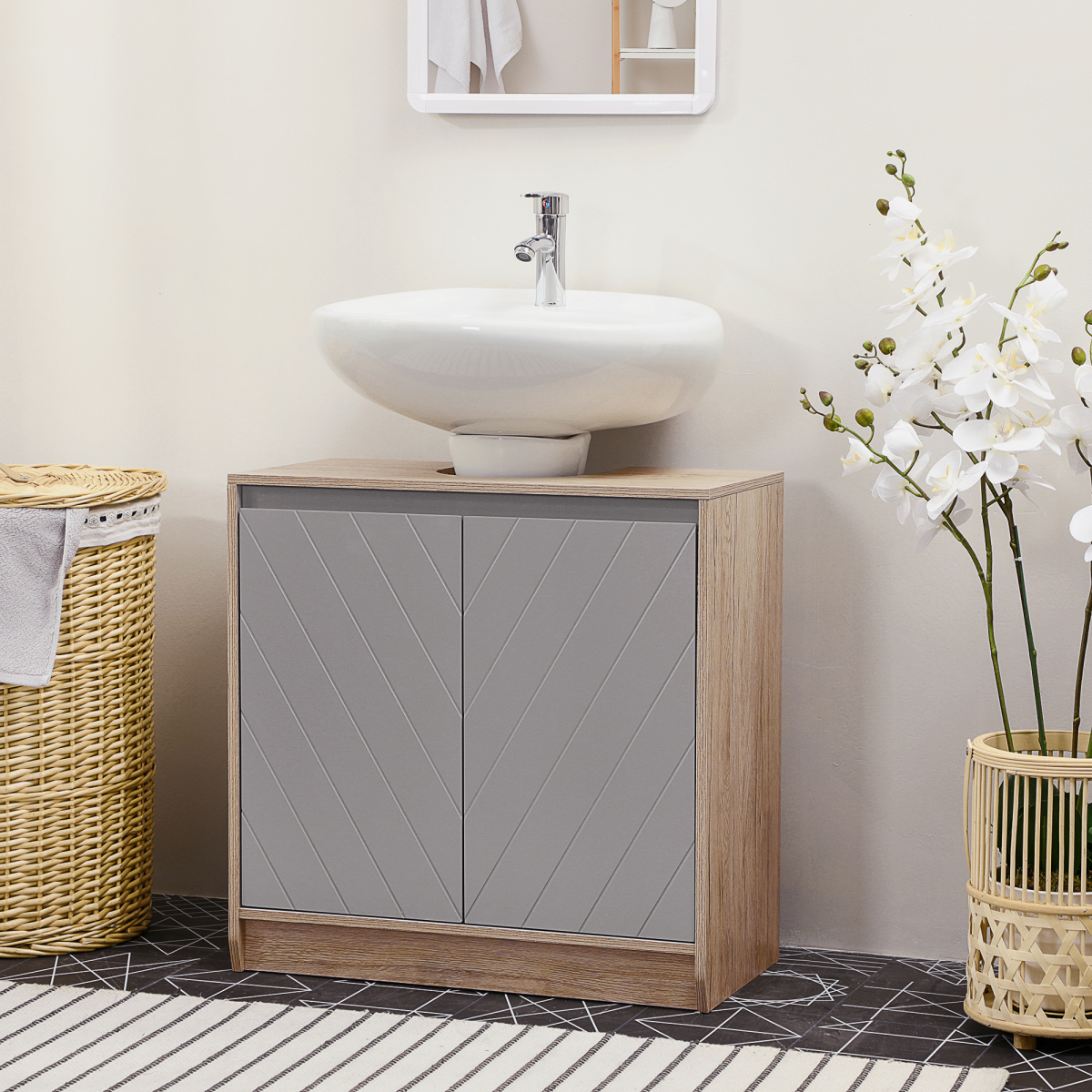 60cm Under-Sink Bathroom Storage Cabinet with Adjustable Shelf, 2 Doors, Brown