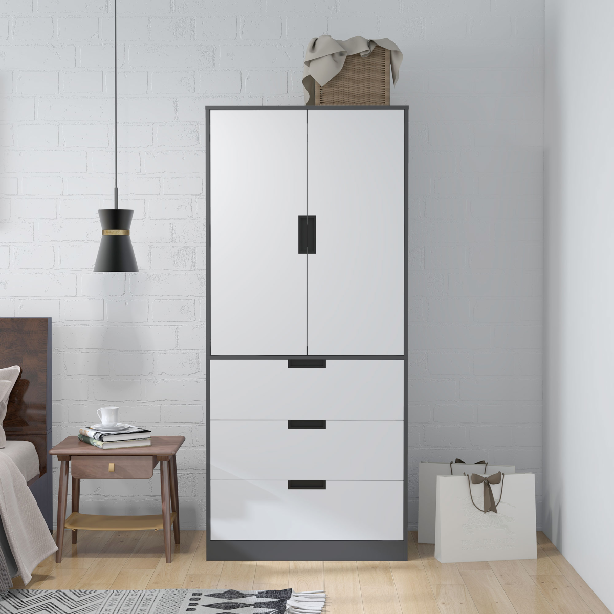 HOMCOM White and Grey 2-Door Wardrobe with 3 Drawers and Rail