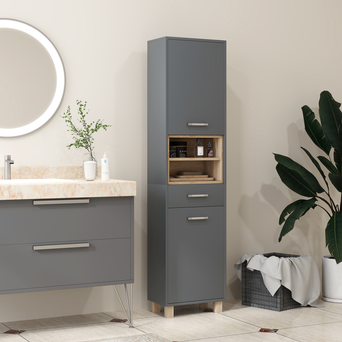 HOMCOM Grey Bathroom Storage Unit with Cabinets, Shelves and Drawer