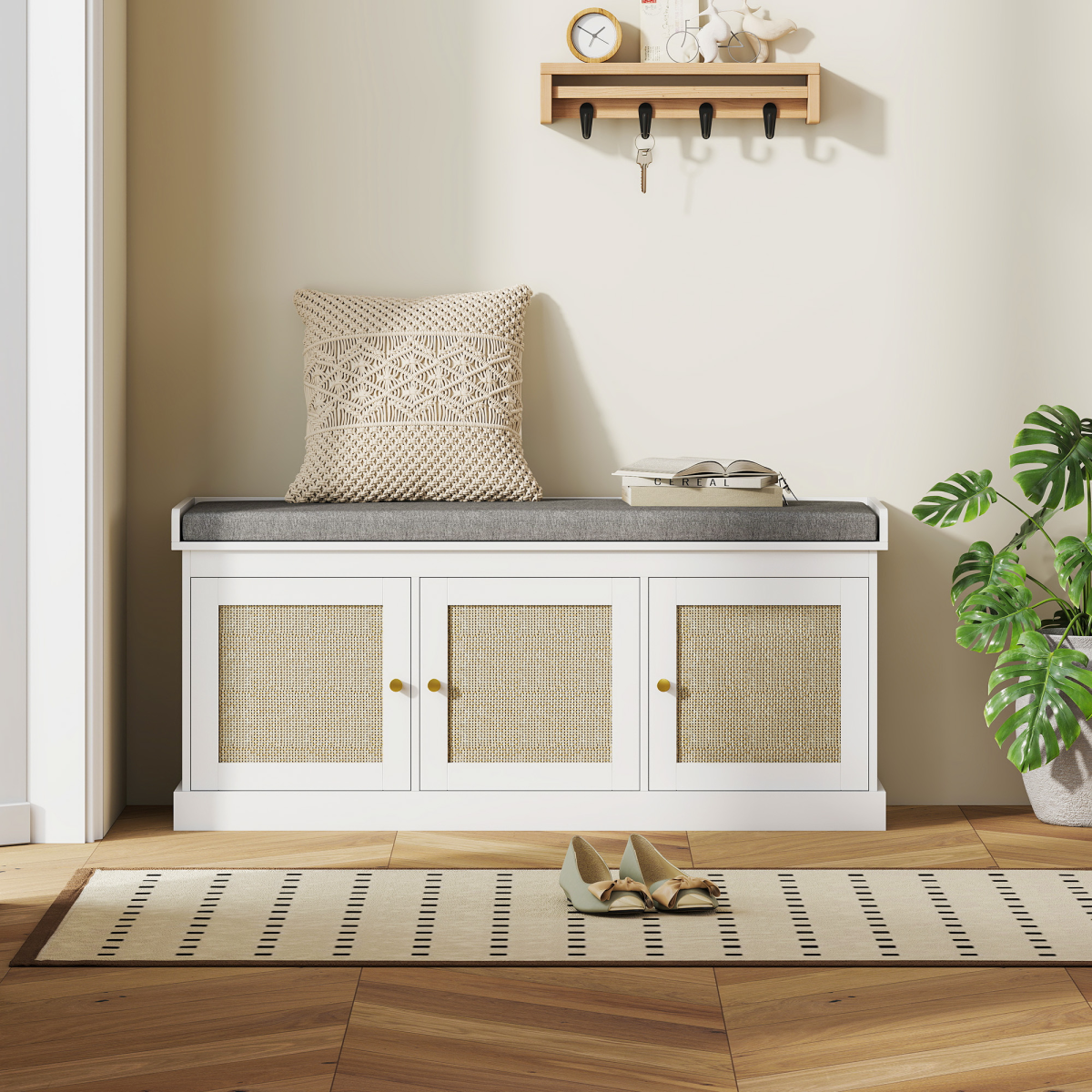 HOMCOM Shoe Storage Bench with Rattan Doors and Cushion
