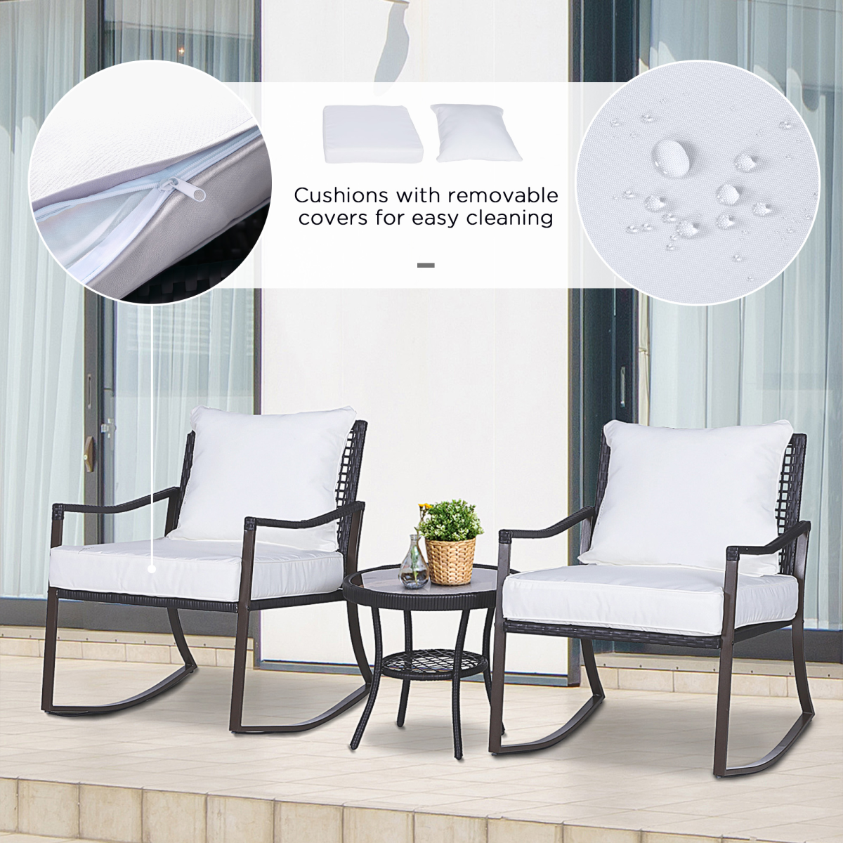 Outsunny 3-Piece Rocking Chair Bistro Set with Glass Table