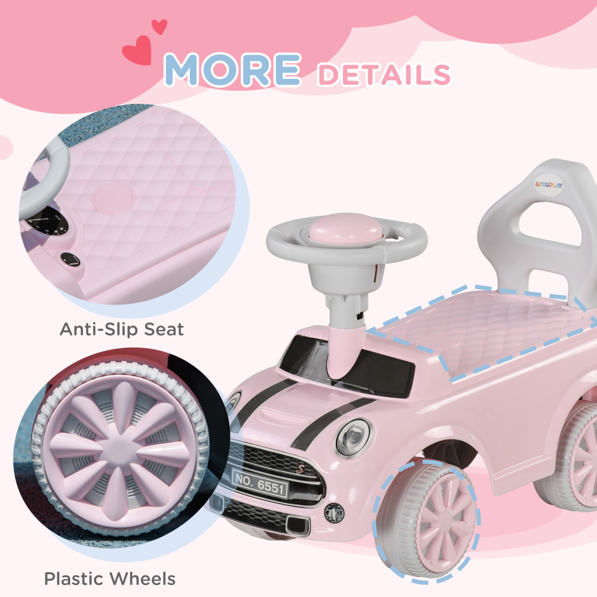 AIYAPLAY Pink Foot-to-Floor Ride On Car with Air Horn
