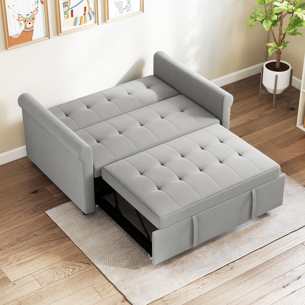 HOMCOM Grey Convertible Pull Out Sleeper Sofa Bed, Two-Seater