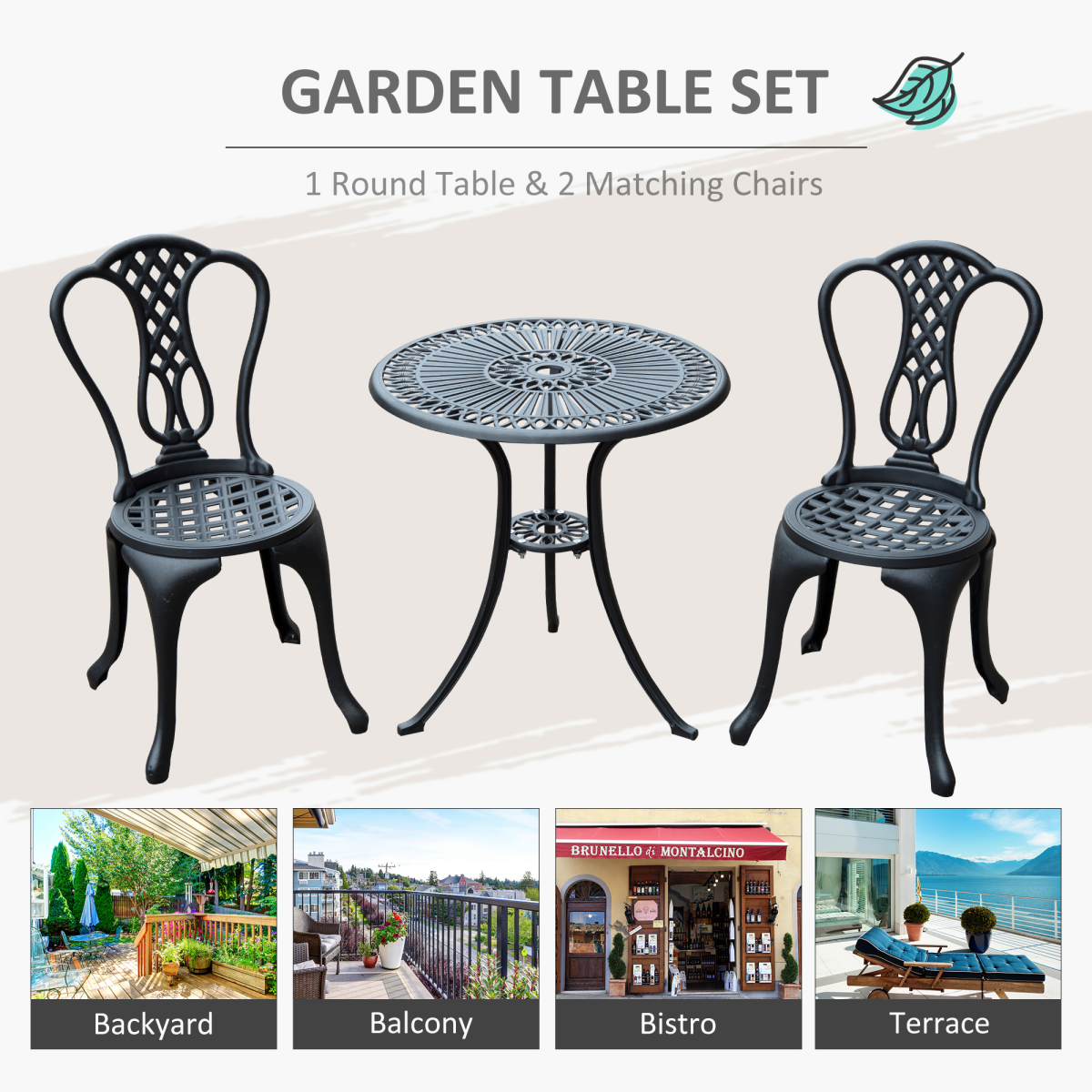 Outsunny 3-Piece Cast Aluminium Bistro Set, 2 Chairs and Table