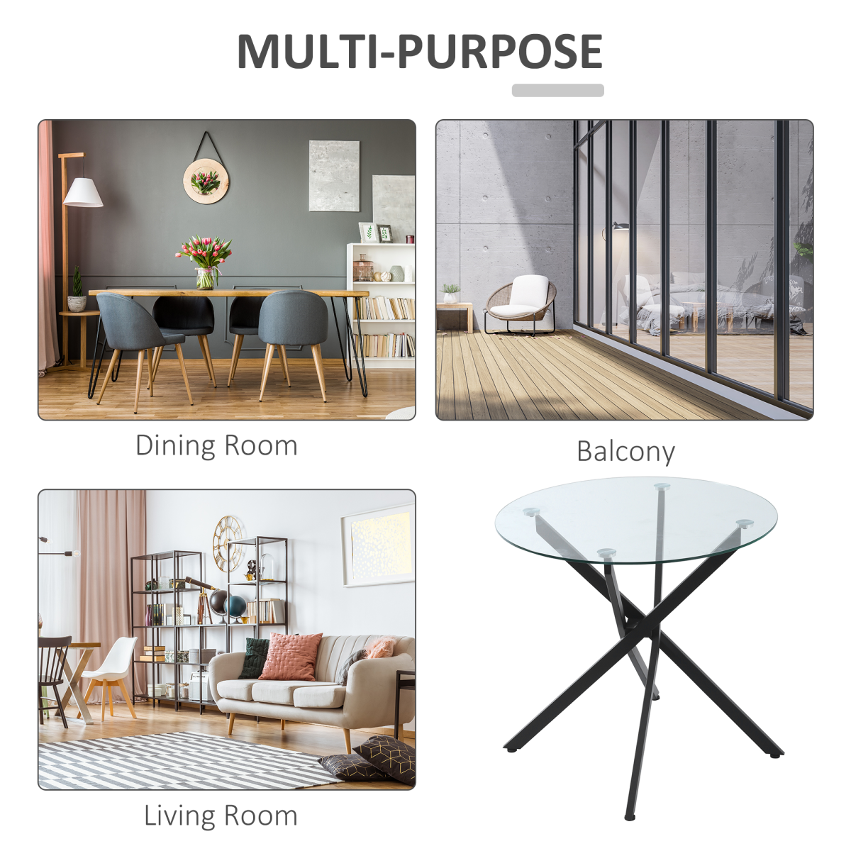 Clear Glass Round Side Table with Metal Frame, Black
