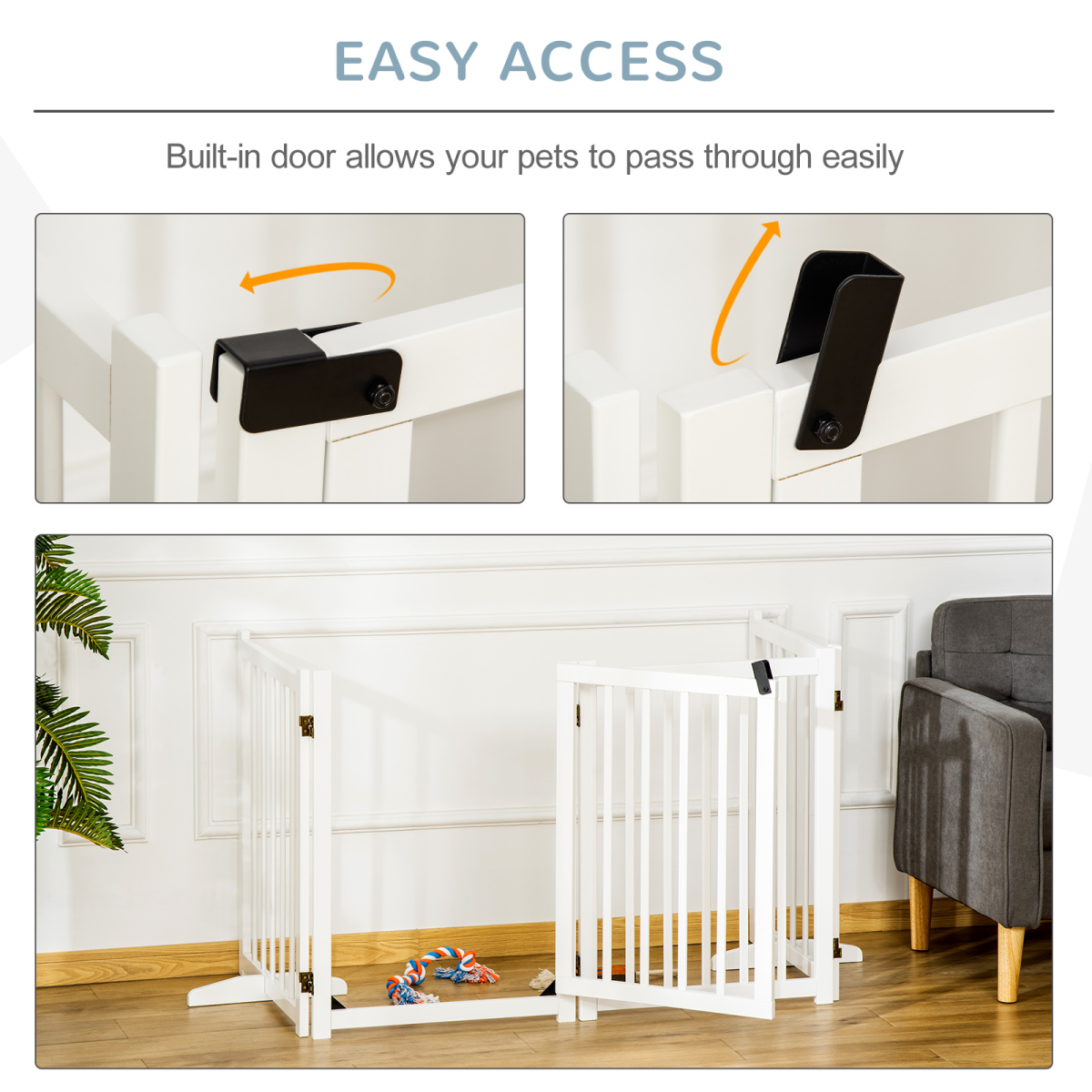 Freestanding Wooden Pet Gate with Lock and 2 Support Feet for Doorways and Stairs, White