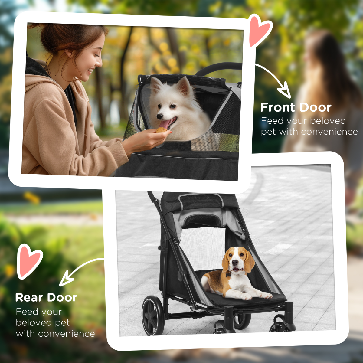 PawHut Foldable Dog Pram with Universal Front EVA Wheels, Safety Leashes, Steel Frame, Grey and Black