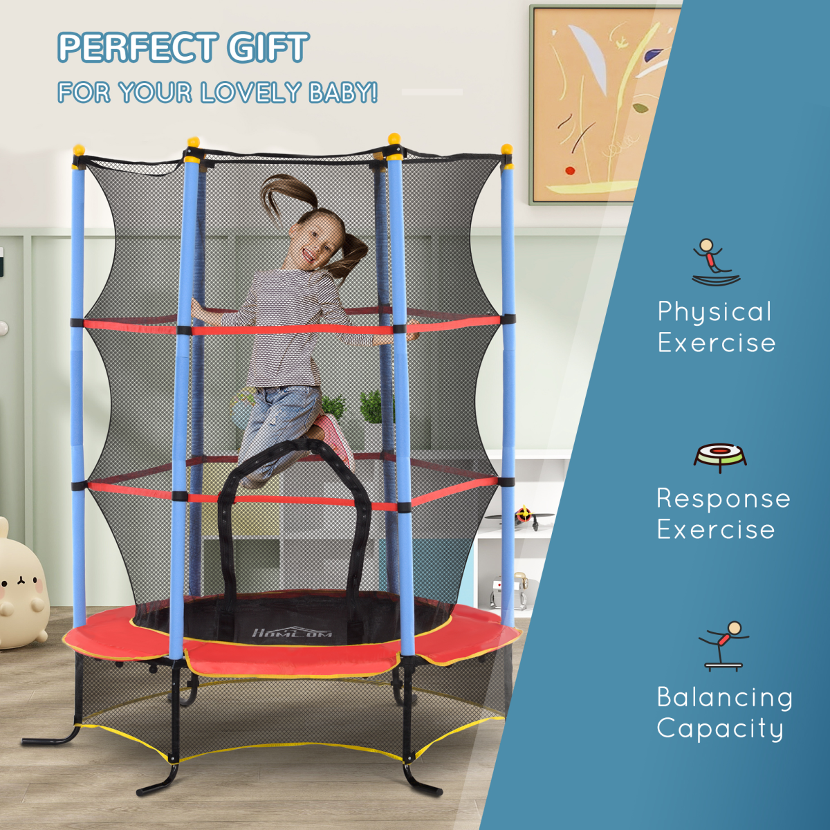 HOMCOM Kids Trampoline with Enclosure Net and Zip Door, 3-10 Years