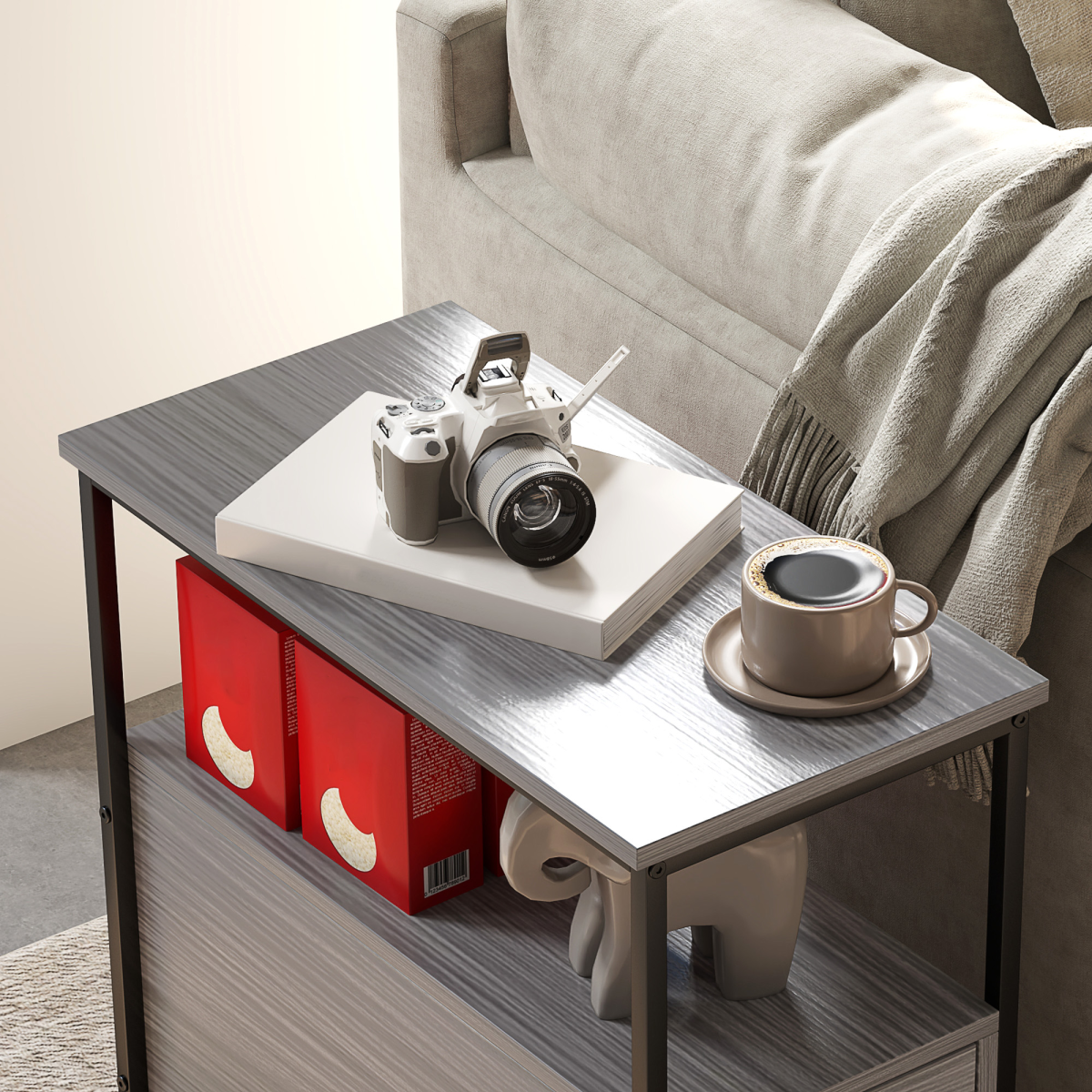 HOMCOM Narrow End Table with 2 Drawers and Storage Shelf, Grey