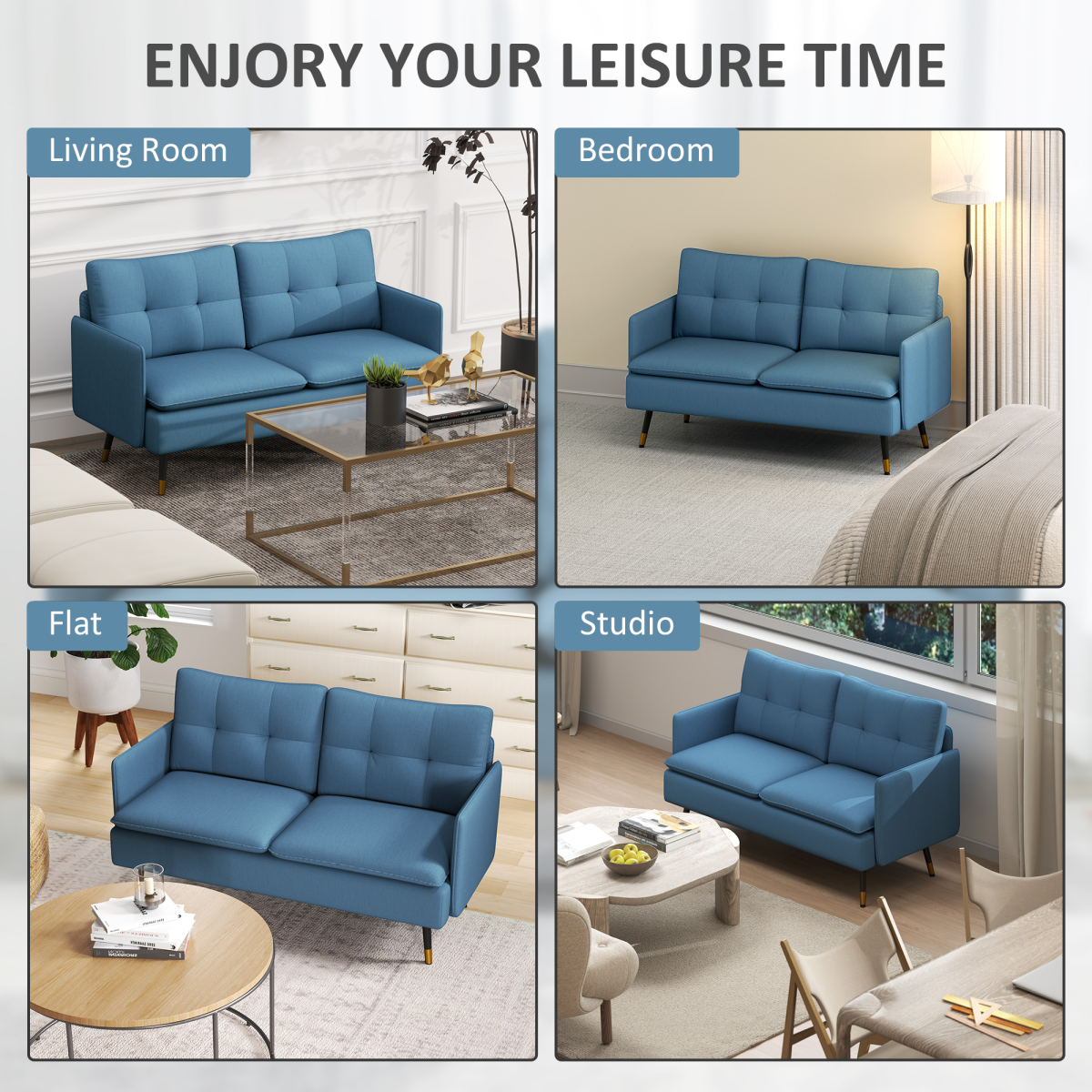 HOMCOM 2 Seater Fabric Sofa, Button Tufted Love Seat, Dark Blue