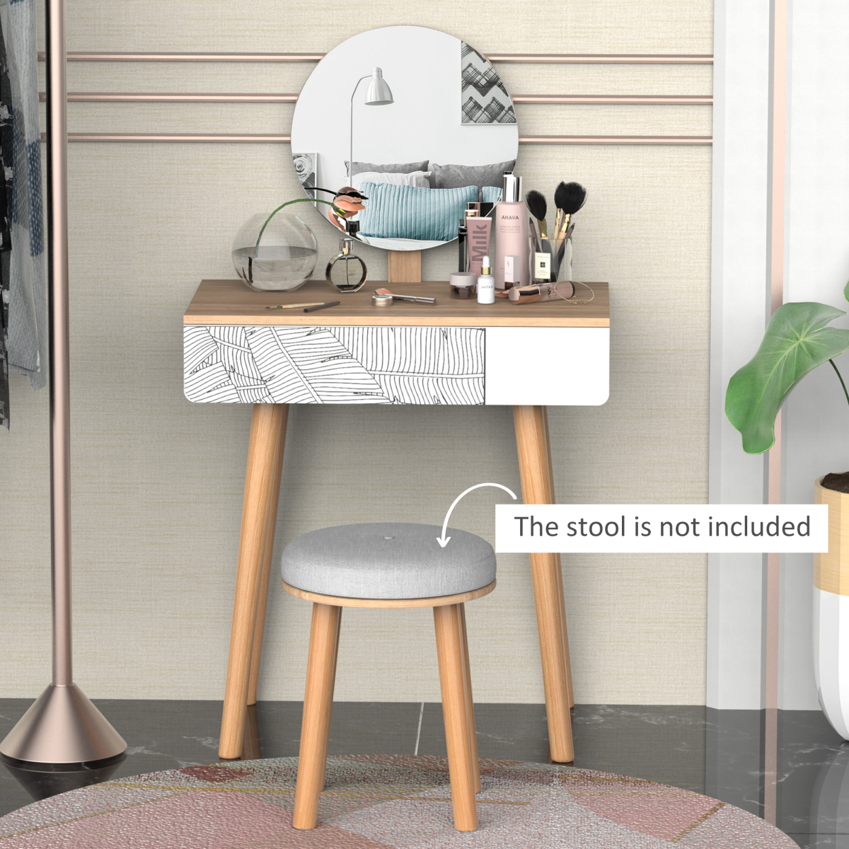 HOMCOM Solid Wood Nordic Dressing Table with Adjustable Round Mirror and Pull-Out Drawer