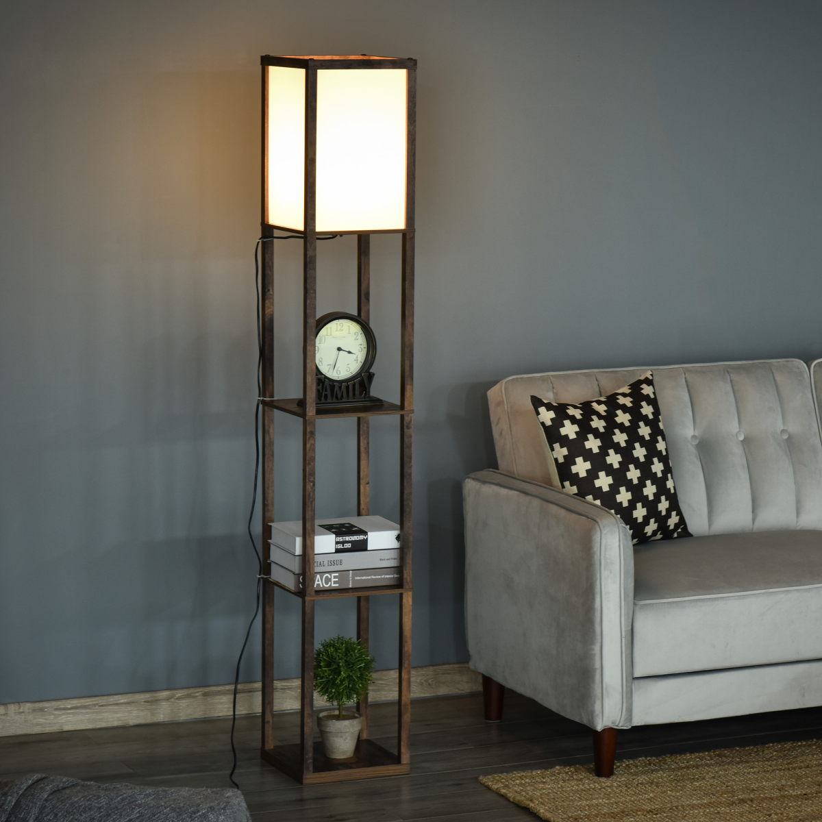 HOMCOM Floor Lamp with 3 Storage Shelves, Brown, E27 Bulb Base, Foot Switch