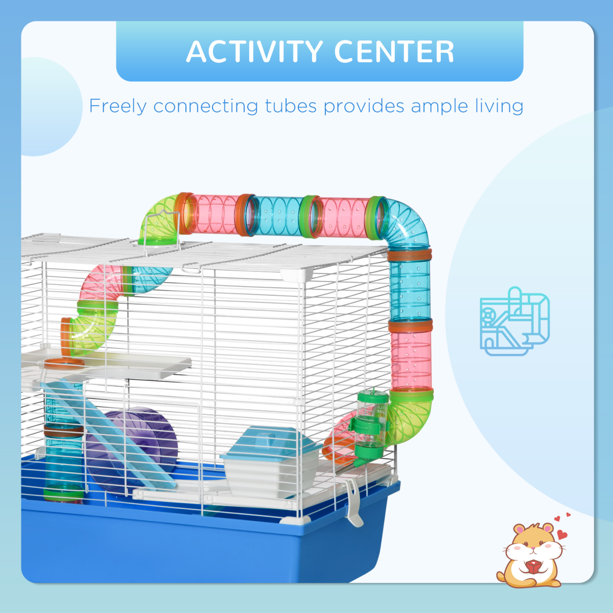 Hamster Cage Rodents House w/ Tubes Exercise Wheel, Water Bottle - Blue