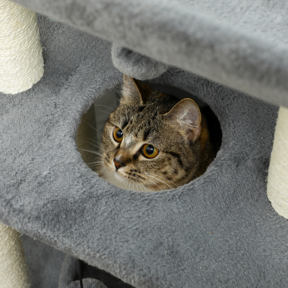PawHut Light Grey Indoor Cat Tree Tower with Scratching Posts & Toy Ball