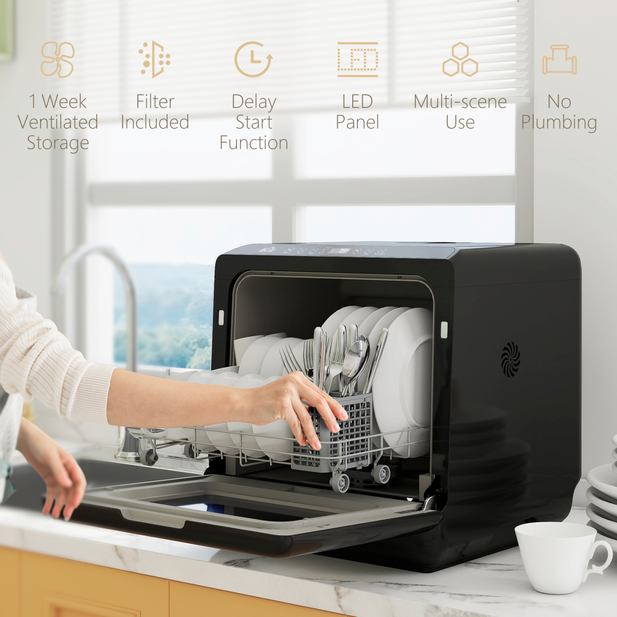 HOMCOM Countertop Dishwasher, Dual Water Supply, 5 Cycles, Black
