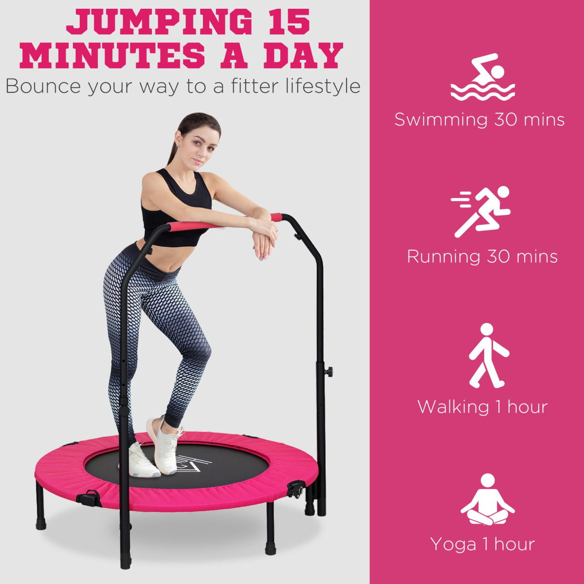 HOMCOM 40in Foldable Fitness Trampoline with Adjustable Handle, Pink