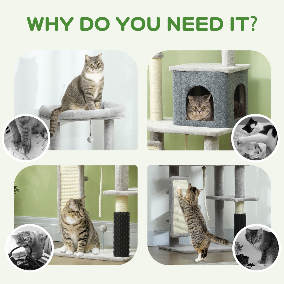 PawHut 132cm Indoor Cat Tree with Scratching Posts, Light Grey