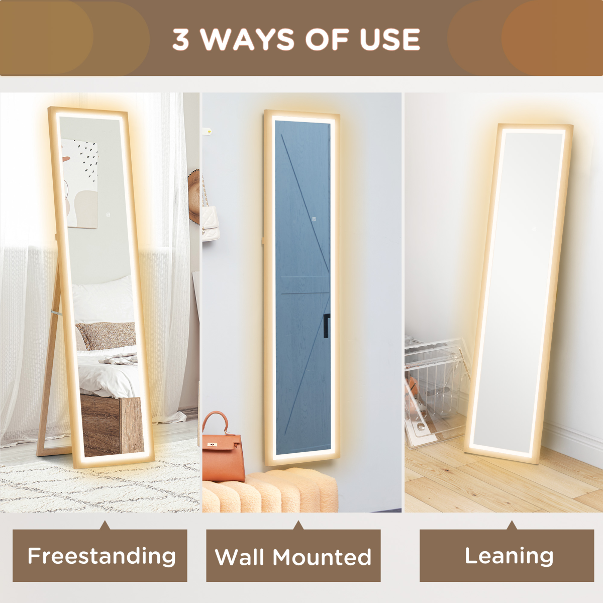 HOMCOM Full Length LED Dimming Mirror, Standing/Wall Mount, Oak