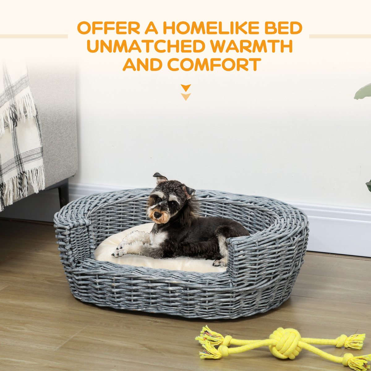 Elevated Wicker Willow Rattan Pet Basket Bed with Cushion for Cats and Dogs